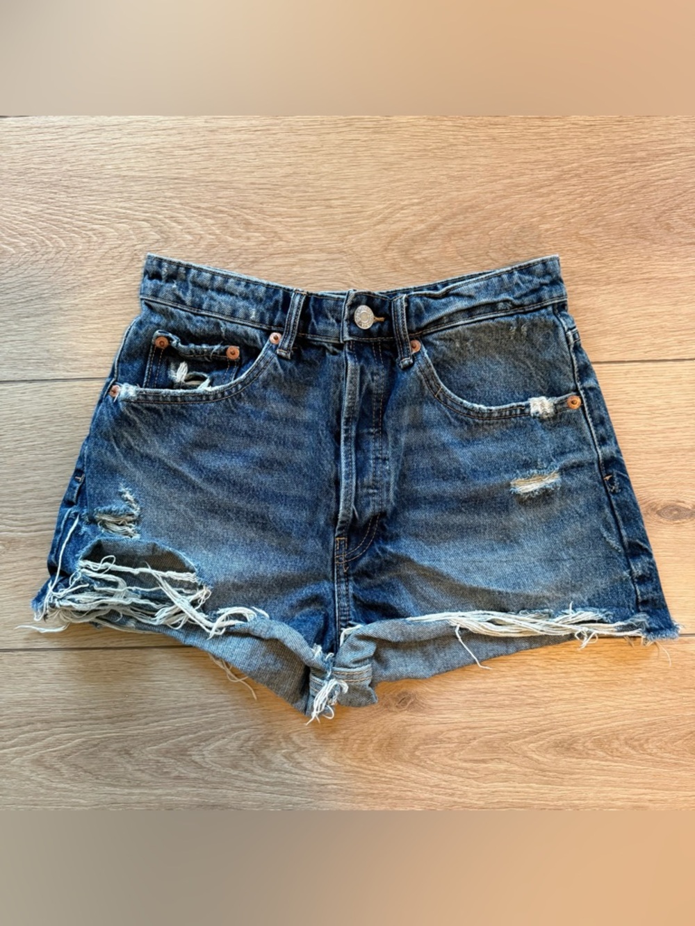 Zara Denim Shorts High Waisted Distressed Dark Wash